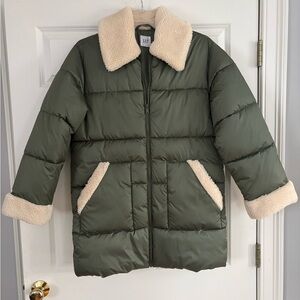 GAP Olive Green Puffer Coat with Cream Details